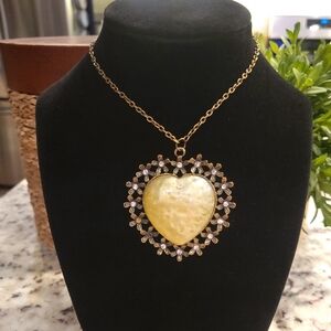 Yellow Pearlescent Jewel Encrusted Heart Pendant Necklace